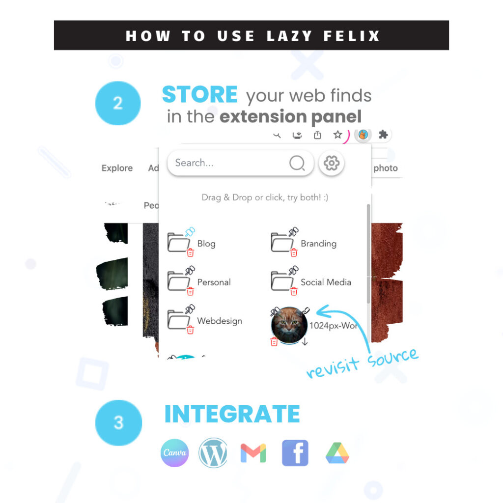 Access your selected items in the Lazy Felix browser extension panel.
