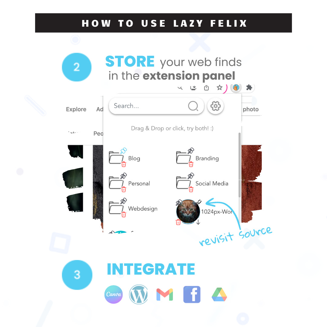 Access your selected items in the Lazy Felix browser extension panel.